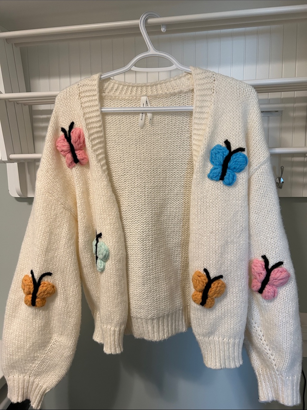 Dreamers Cream Knit Cardigan with Pink, Blue, Mint & Mustard Butterfly Appliqués